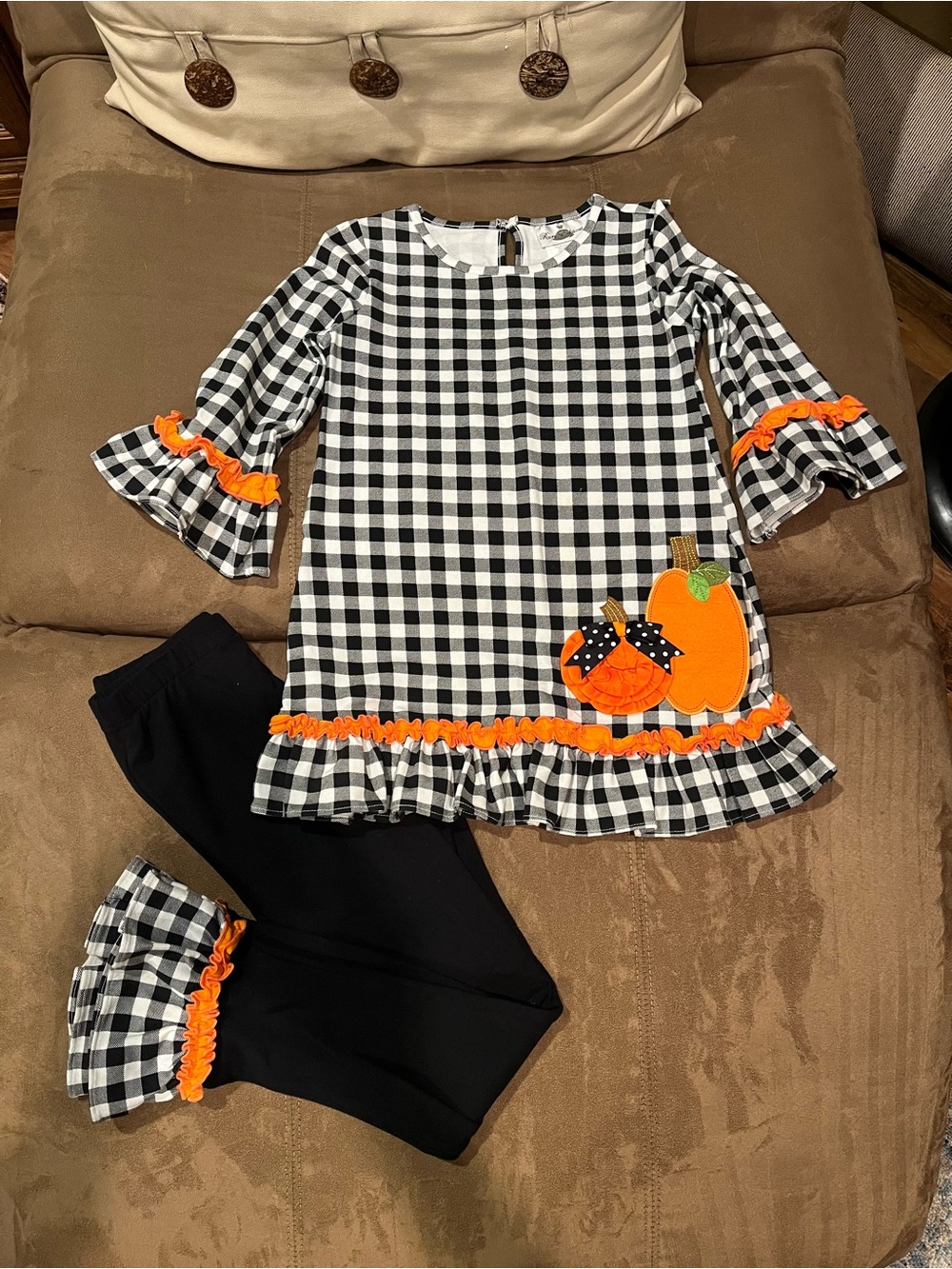Rare Editions Girls 10 2pc Gingham Halloween Pumpkin Top + Black Leggings Set